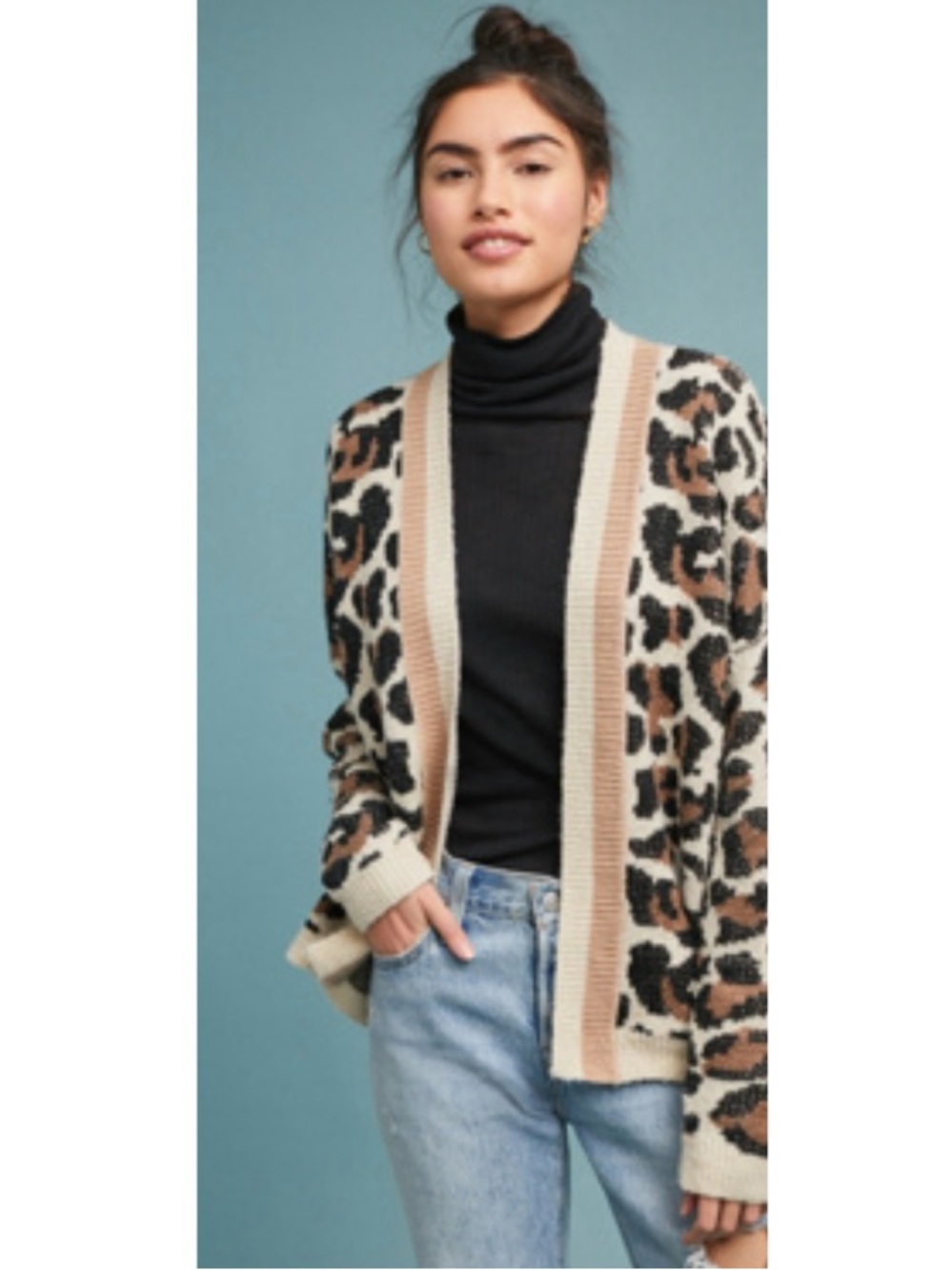 Anthropologie Line & Dot Luella Leopard Open Cardigan Knit Sweater Boho Brown XS
